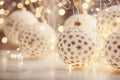 Christmas balls on glowing sparkling background bokeh, shiny holiday wallpaper. Generative AI