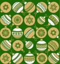 Christmas balls, gold, white, green background, seamless.