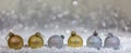 Christmas balls, golden and silver on snow, abstract bokeh lights background Royalty Free Stock Photo