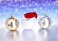 Christmas balls and golf ball with santa red hat on bokeh background. 3D illustration