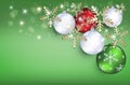 Christmas balls greeting card green background snow flakes gold Royalty Free Stock Photo