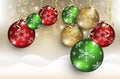 Christmas balls greeting card snowdrift Background gold red green Royalty Free Stock Photo