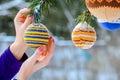 Christmas balls hanging on pine branches covered with snow Royalty Free Stock Photo