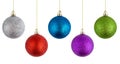 Christmas balls hanging on a white background. Royalty Free Stock Photo