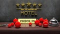 Christmas balls, hotel bell with check in Royalty Free Stock Photo