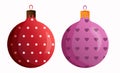 Christmas balls illustration set in red with polka dot and pink with heart color. Xmas glass ball on white background. Holiday