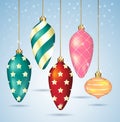 Christmas balls ornaments hanging on gold thread. Royalty Free Stock Photo