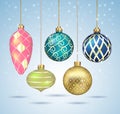 Christmas balls ornaments hanging on gold thread. Vector illustrations. Royalty Free Stock Photo