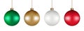 Christmas balls ornaments set. Green, Gold, White, and Red color, hanging isolated on white background. Bauble decor. Royalty Free Stock Photo