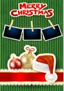 Christmas balls, photo frames, text and hat on cardboard background. Royalty Free Stock Photo
