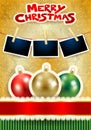 Christmas balls, photo frames and text on paper background. Royalty Free Stock Photo