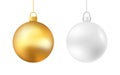 Christmas balls. Realistic Xmas decoration on white background. Gold and silver hanging balls. Glossy tree elements Royalty Free Stock Photo