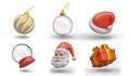 Christmas balls, red hat with pompon, Santa Claus head, snow globe, gift box Royalty Free Stock Photo