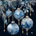 Christmas balls with Rich blue and silver colors and Luxury silveren Ornaments Oil Painting illustration. Royalty Free Stock Photo