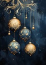 Christmas balls Royal Golden Ornaments in Rich blue and Gold colors card template Oil Painting illustration. Royalty Free Stock Photo