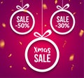 Christmas balls sale. Special offer vector tag. New year holiday card template. Shop market poster design Royalty Free Stock Photo