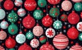 Christmas balls seamless pattern banner for design.Colorful Xmas set on dark background, wrapping paper, festive fabric.