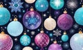 Christmas balls seamless pattern banner for design.Colorful Xmas set on dark background, wrapping paper, festive fabric.
