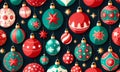 Christmas balls seamless pattern banner for design.Colorful Xmas set on dark background, wrapping paper, festive fabric.