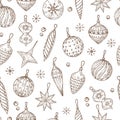 Christmas balls seamless pattern. Xmas tree decorations and snowflakes. Winter holidays, new year vector hand drawn