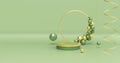 Christmas balls and serpentine on minimal scene, podium. Modern golden with olive colours for Christmas background. 3D