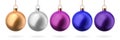 Christmas balls. Set of glass Xmas toys in gold silver blue pink and purple colors