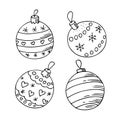 Christmas balls set,hand drawn doodle decorations,New Year toys,festive elements.Use for holiday cards,coloring book, posters, Royalty Free Stock Photo