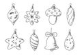 Christmas balls set,hand drawn doodle decorations,New Year toys,festive elements.Use for holiday cards,coloring book, posters, Royalty Free Stock Photo