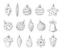 Christmas balls set,hand drawn doodle decorations,New Year toys,festive elements.Use for holiday cards,coloring book, posters, Royalty Free Stock Photo