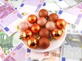 Christmas balls set on white plate, dollar background