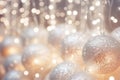 Christmas balls on silver glowing sparkling background, bokeh. Generative AI