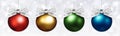 Christmas balls with silver ribbon bow on blurred lights Royalty Free Stock Photo