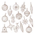 Christmas balls sketch set. Xmas tree decorations. Winter holidays and new year vector hand drawn festive collection