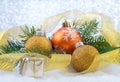 Christmas balls, small box with present and spruce branches Royalty Free Stock Photo