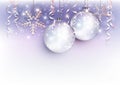 Christmas balls and snow flake background violet white silver