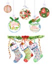 Christmas balls and socks collection, handpainted watercolor illustration isolated on white, perfect element for design greeting