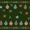 Christmas balls, stars, snowflakes . Seamless pattern on greenbackground. Hand drawn Vector illustrations