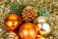 Christmas balls, tinsel and artificial fir tree branch Royalty Free Stock Photo