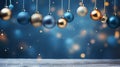 Christmas balls and toys on a blue and gold background with bokeh lights on Christmas Eve. Royalty Free Stock Photo