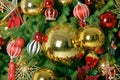 Christmas balls toys on fir tree. New Year holidays and Christmastime celebration. Royalty Free Stock Photo