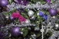 Christmas balls, traditional decorations for xmas tree, silver and purple combination Royalty Free Stock Photo