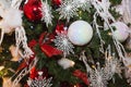 Christmas balls, traditional decorations for xtmas tree, white-red combination Royalty Free Stock Photo