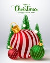Christmas balls vector design. Merry christmas text with colorful xmas ball pattern element for holiday season ornament decoration Royalty Free Stock Photo