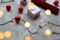 Christmas balls and white vinous gift boxes form the decoration of the Christmas tree, in the background in the form of a bokeh