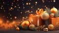 Christmas banner background design with sparkling garland lights, gift box, orange balls and gold confetti. Royalty Free Stock Photo