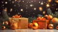 Christmas banner background design with sparkling garland lights, gift box, orange balls and gold confetti. Royalty Free Stock Photo