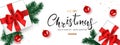 Christmas banner. Background Xmas decorated with Gifts box, Green Pine branches, and Christmas balls. Royalty Free Stock Photo