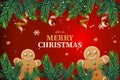 Christmas banner. Background Xmas design with realistic pine branches, gingerbread man, candy cane and serpentine