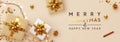 Christmas banner. Background Xmas design of sparkling lights garland, with realistic gifts box, glitter gold confetti. Horizontal Royalty Free Stock Photo