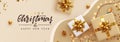 Christmas banner. Background Xmas design of sparkling lights garland, with realistic gifts box, glitter gold confetti. Horizontal Royalty Free Stock Photo